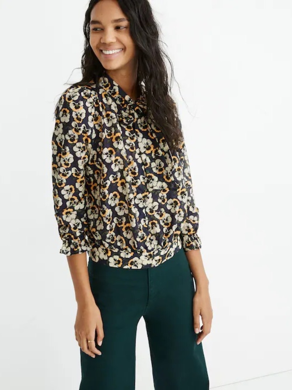 Madewell Women’s Tie-Neck Top in Viola Floral Blouse Long Sleeve